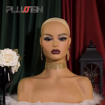 Tête d'affichage de perruques de visage carré, tête de Mannequin réaliste avec épaules, tête remplie de mousse de Pvc avec ombre à paupières, trous d'oreille, cils
