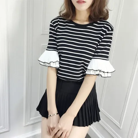 Summer Korean Version Of Lotus Leaf Sleeve Striped Casual Loose Short-sleeved T-shirt Women's Top Ins