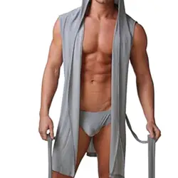 Albornoz con capucha de Color sólido para Hombre, ropa de dormir sin mangas agradable a la piel, pijama Sexy, vestido de verano con capucha para dormir