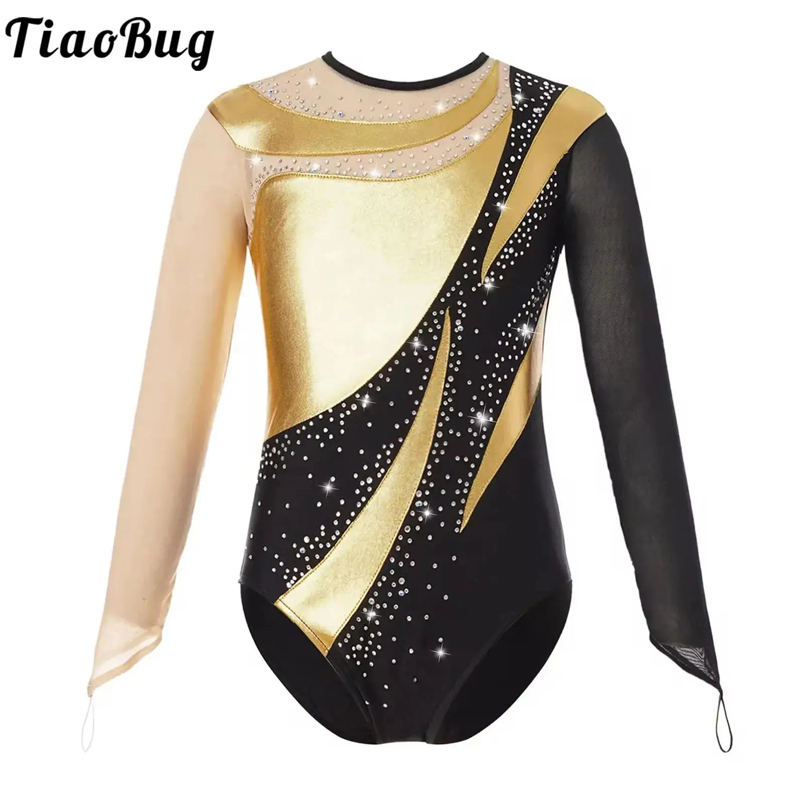 Long Sleeve Girls Artistic Gymnastics Leotard Bronzing Long Sleeve Tight Bodysuit Metallic Contrast Skating Jersey Jumpsuit