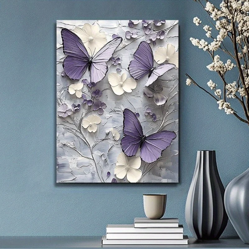 قطعة واحدة من قماش الأزهار على شكل فراشة مؤطرة ثنائية الأبعاد |   مزرعة ريفية (رمادي/أرجواني-أبيض) |   الزفاف/دش الزفاف/ديكور المنزل