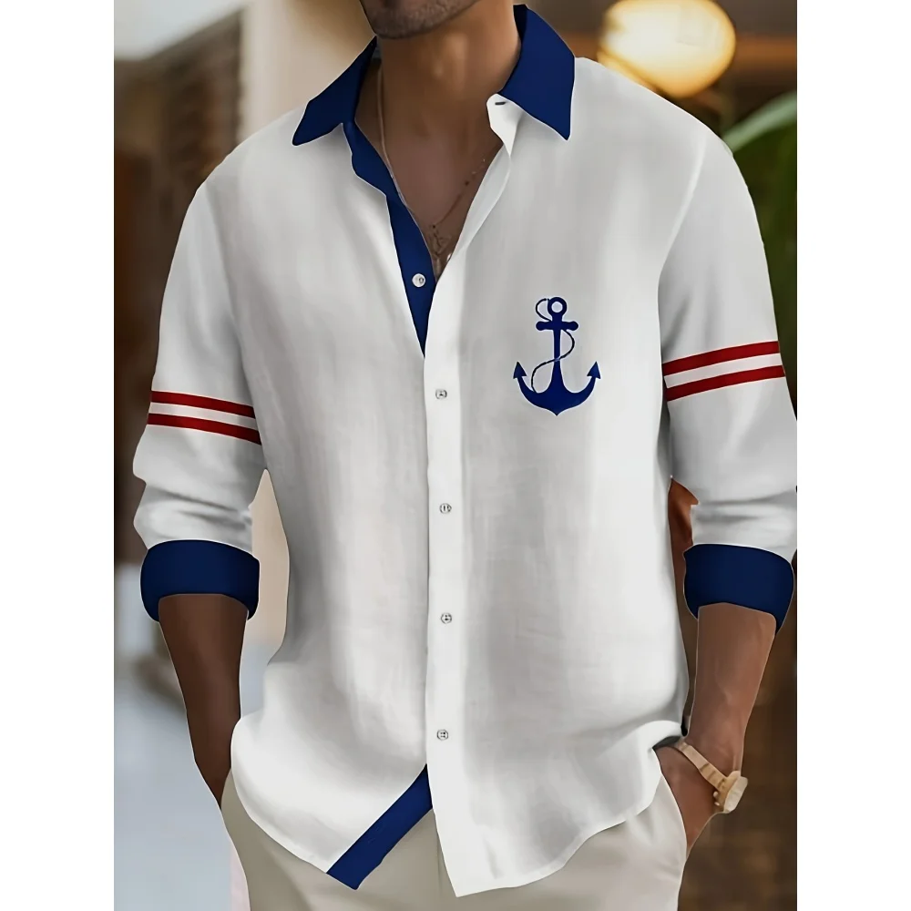 

Men's Anchor Print Button-Down Long-Sleeved Polka Dot Lapel Shirt Outdoor Street Fashion Casual Breathable Comfortable Clothing