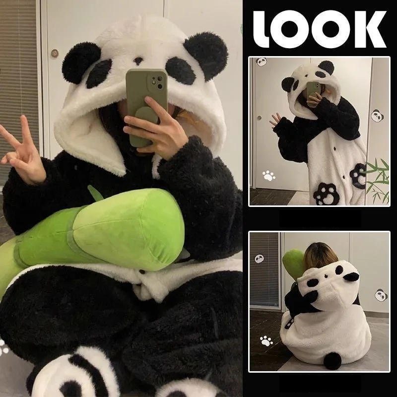 Women's Cute Panda Plush Pajama Robe with Hoodie Winter Thick Coral Fleece Knit Fabric Animal Pattern Adult Sleepwear nightgown