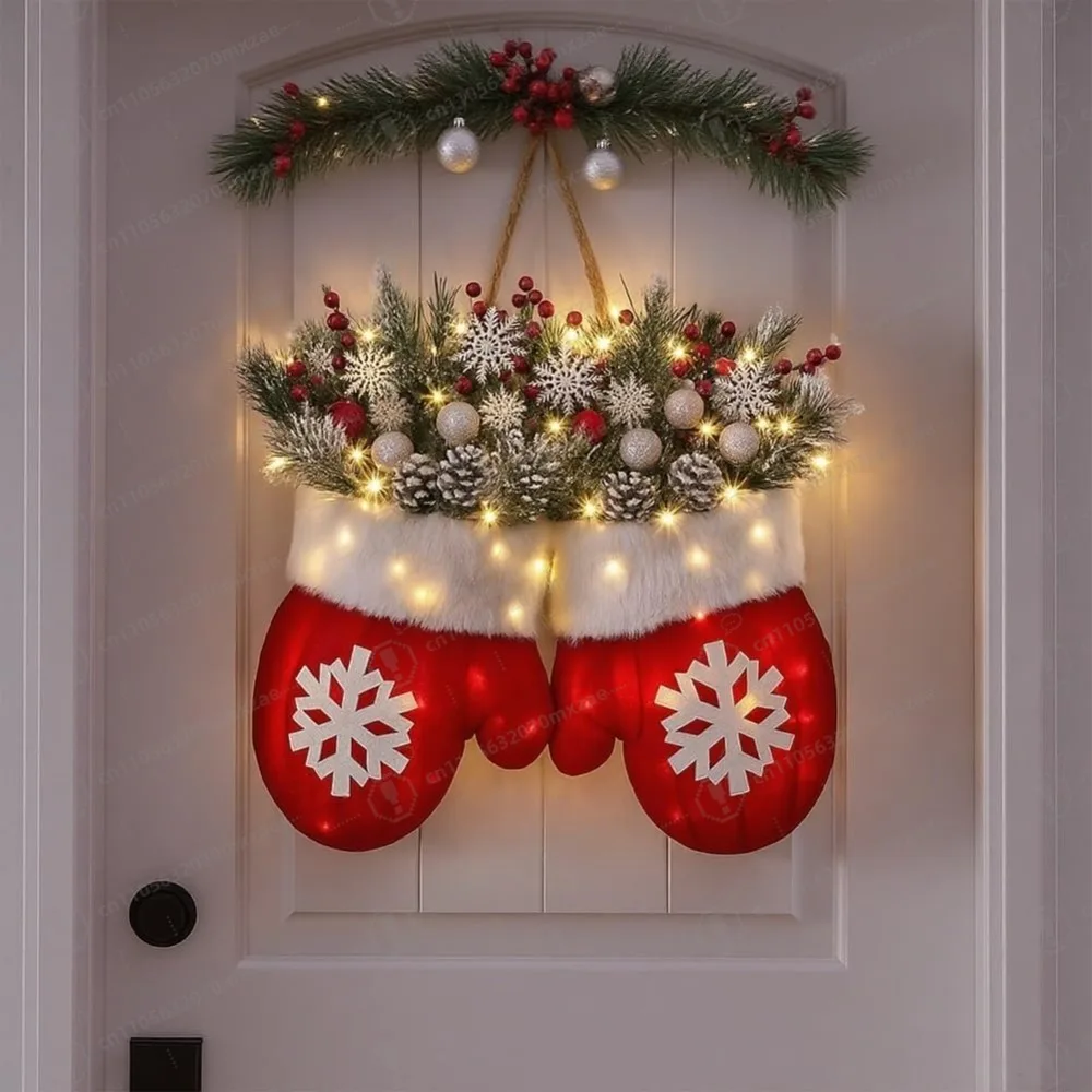 

Twinkling Christmas Mitten Wreath with LED Lights 10 Hour Auto Timer Battery Operated Front Door Garland with Holiday Ball Decor