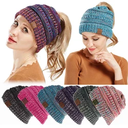 New autumn and winter woolen hats with fashionable labels, open ponytail hats, women's mixed color knitted hats