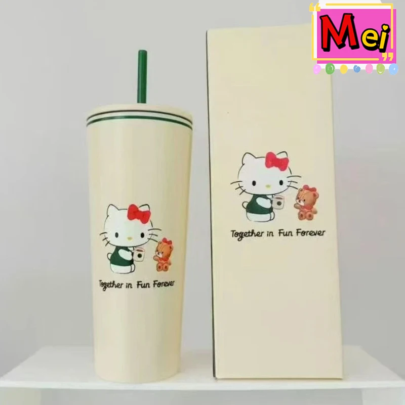 New 710ml Cute Kitty Insulated Cup Cartoon 304 Stainless Steel Straw Cup Simple Large Capacity Portable Water Cup Christmas Gift