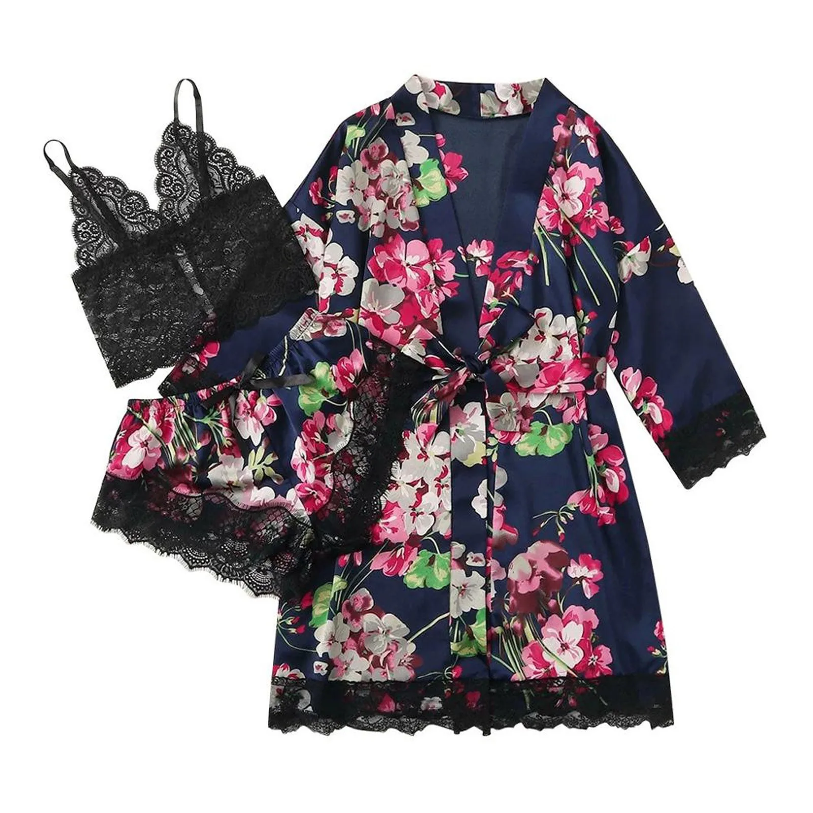 Three Piece Female Floral Printed Sexy Satin Silk Lace Edge Sleepwear Sets Fashion Comfort Camisole With Shorts And Nightgown