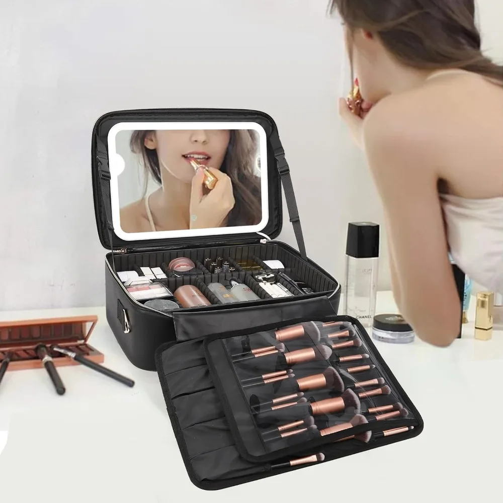 16.2" LED Makeup Case with 3-Color Lighted Mirror, Adjustable Dividers, USB Rechargeable, Travel Cosmetic Organizer for Artists view 6