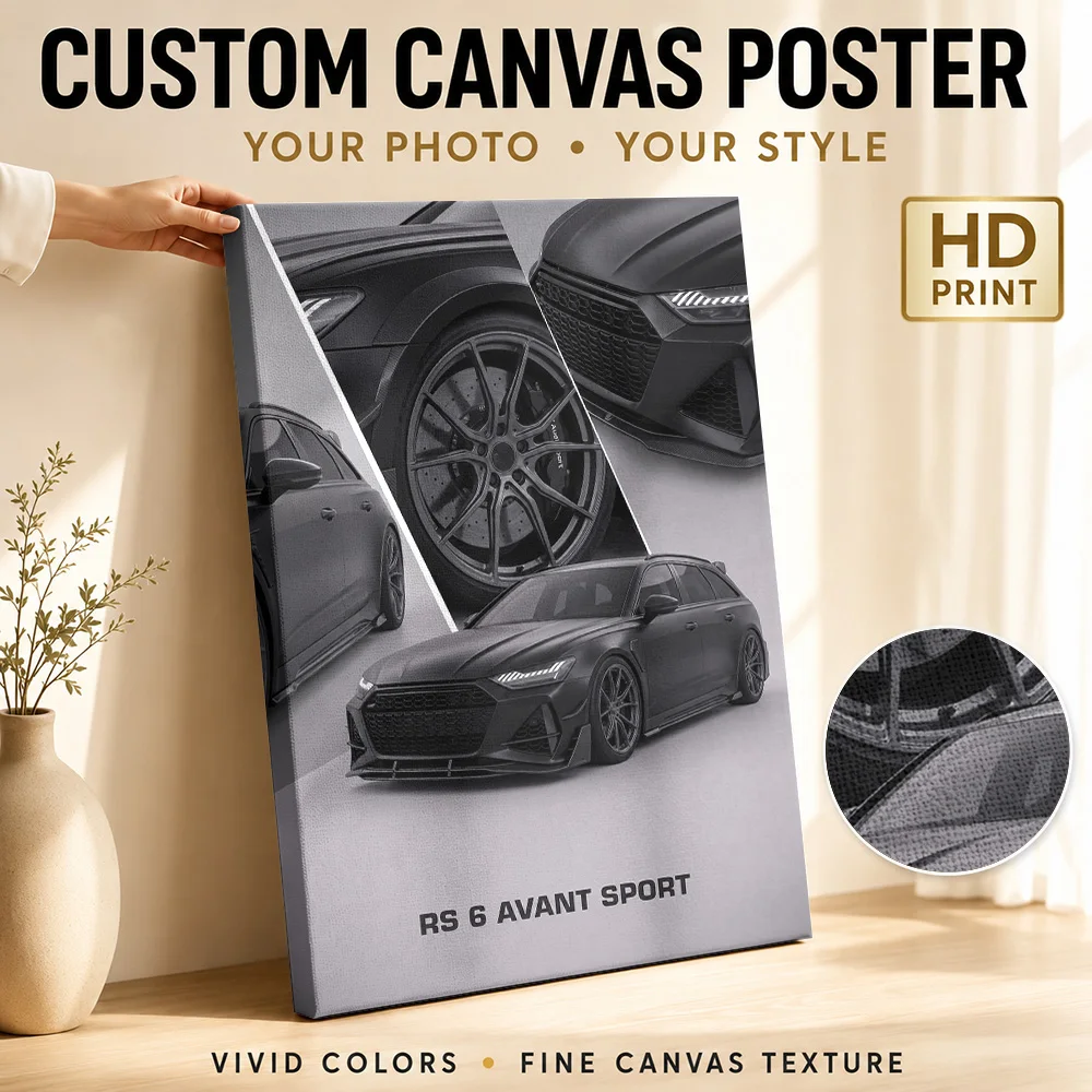 Black RS 6 Avant Sport Car Framed Canvas Poster Customized Photo Dynamic Illustration Style Man Cave Wall Paintings Decoration