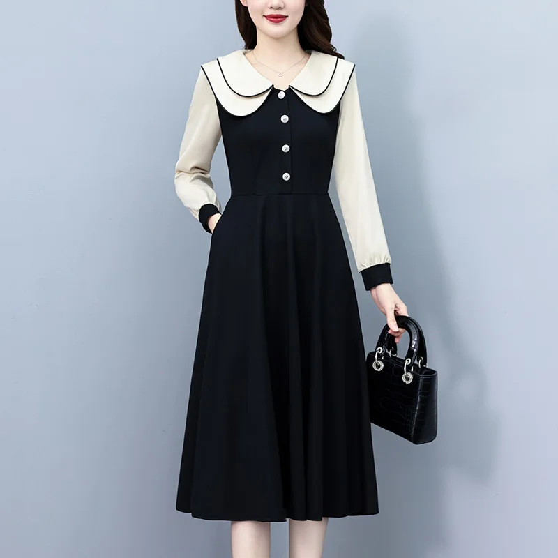 

Women Cotton Dresses Female Doll Collar Long Sleeve Large Size Elegant Autumn ​Winter Knee Length Black Fake Two Pieces Vestidos