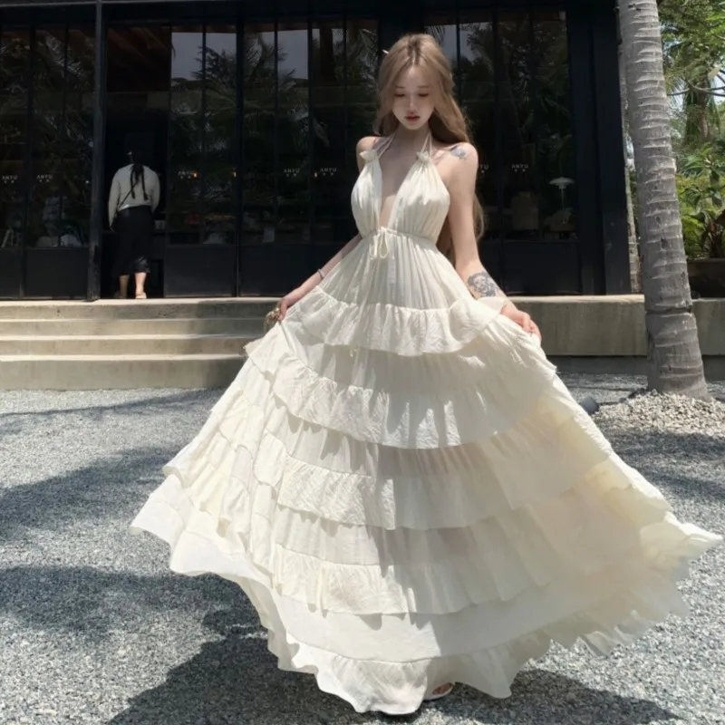 

2025 Seaside Holiday Bohemian Long Dress Women Deep V-neck Halter Neck Backless Sexy Dresses Casual Ruffle Big Swing Cake Dress