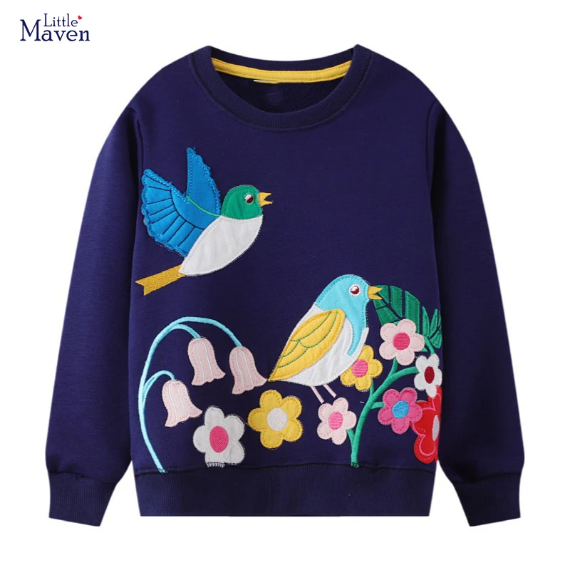 Little maven Girls 2024 New Sweatshirts Animal Birds with Flowers Embroidery Baby Girls Long Sleeve Sweatshirt for Kids Clothes