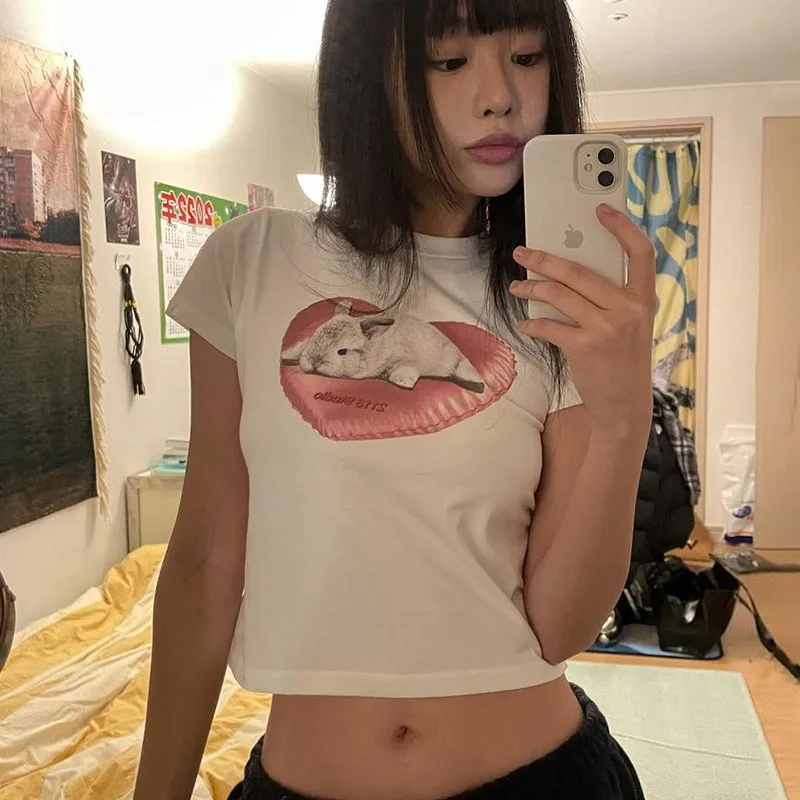 Karrram Koreaanse Fashion Rabbit Print Crop Top Kpop Kawaii Korte Mouw T-shirt Fairycore Leuke Bunny Tee Shirt Zoete Streetwear