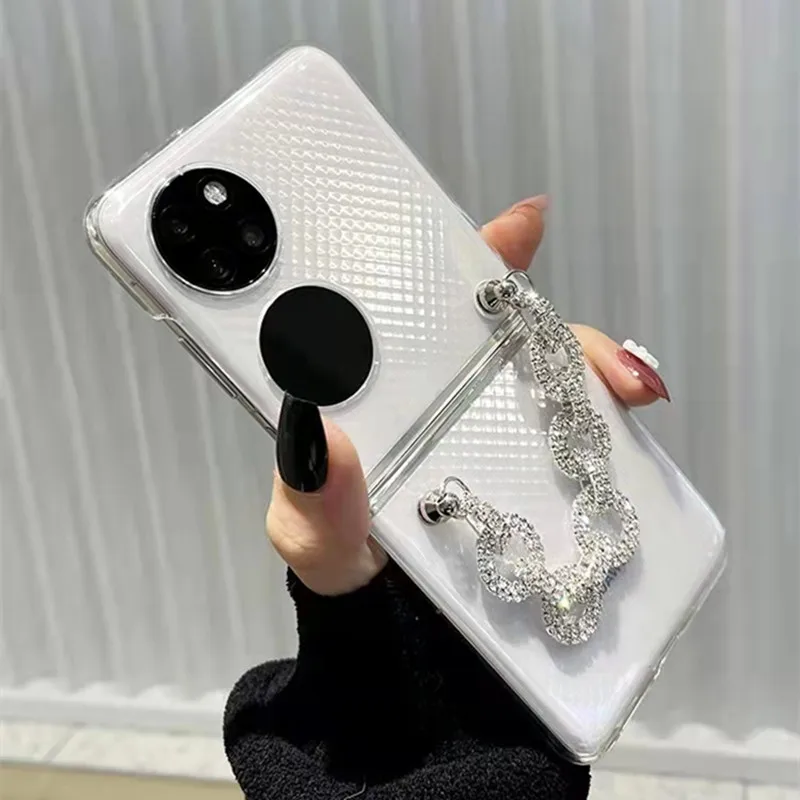 Women Bling Rhinestone Diamond Bracelet Chain Case For Huawei Pocket 2 Hand Chain Clear Cover P50 Pocket Case Capa Etui