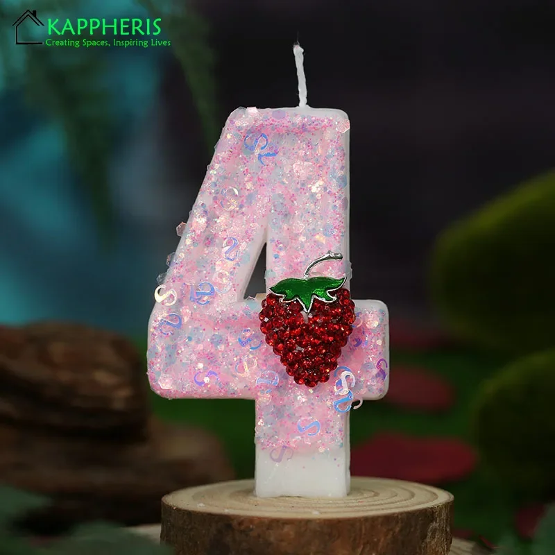 Sparkling Strawberry Candle 2 Years Original Birthday Number Candles for Cake Topper Decoration Pink Pure Bee Honey Candles