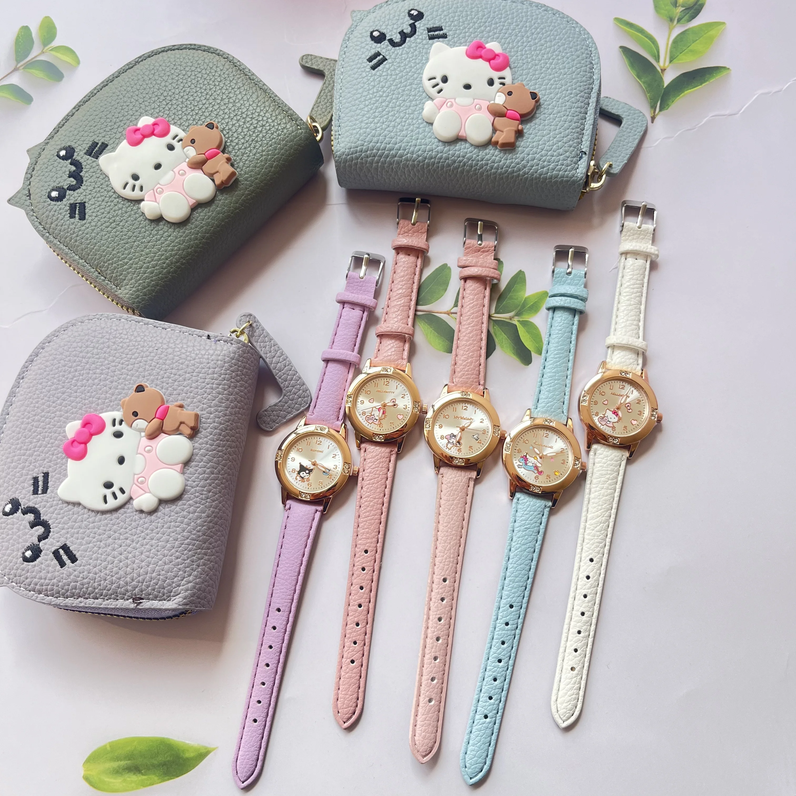 

Sanrio Cartoon Hello Kitty Kuromi Children's Watch Fashion Student Quartz Watch and Cute Wallet Leather Strap Girl Gift Set