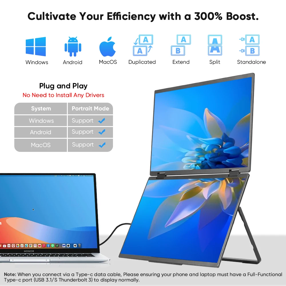Tela dupla estendida LCD 1080P de 15,6 polegadas FHD portátil dobrável