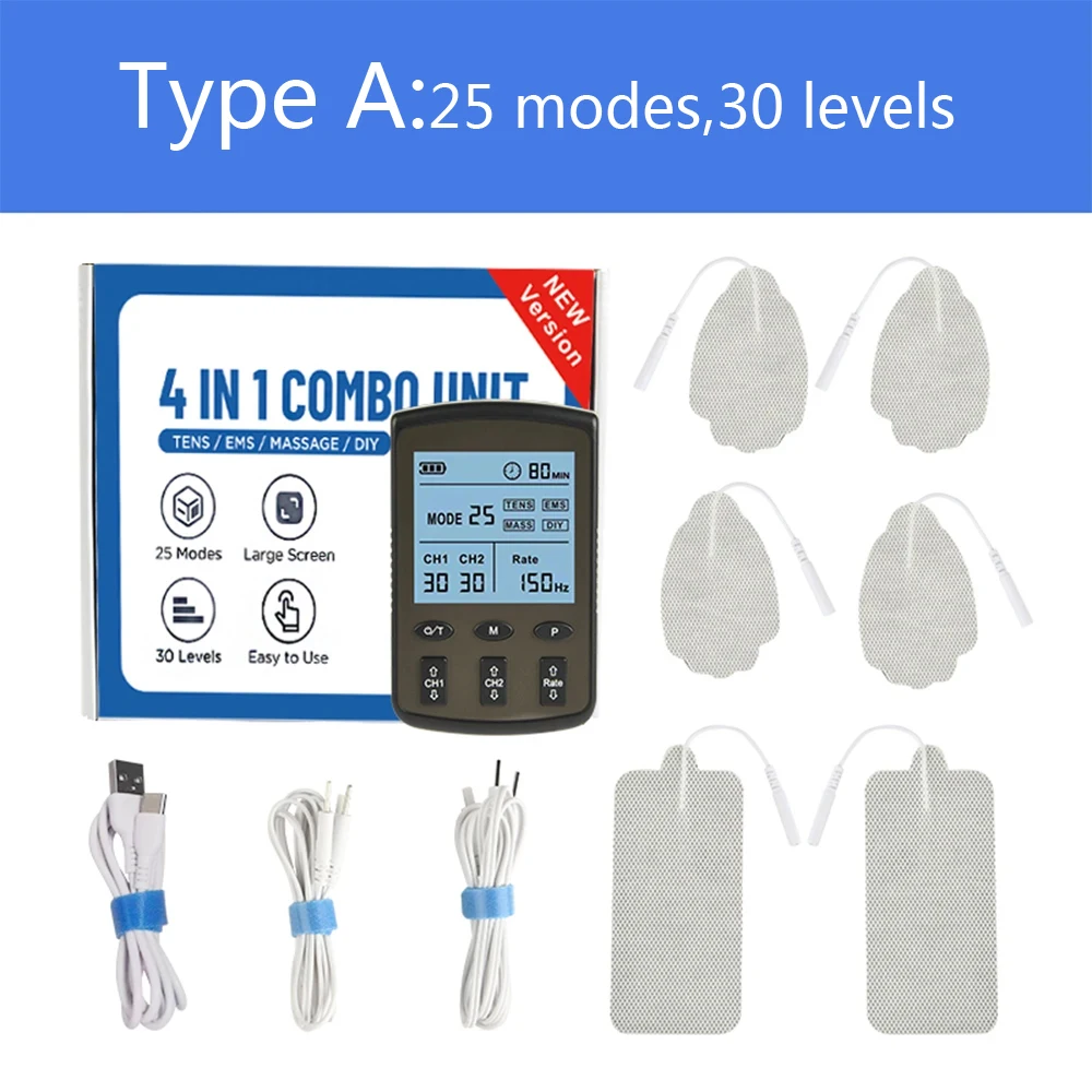 Masajeador EMS Tens de doble canal, Estimulador muscular, 25 modos, 30 intensidades, pulso de acupuntura, fisioterapia de baja frecuencia, alivio del dolor