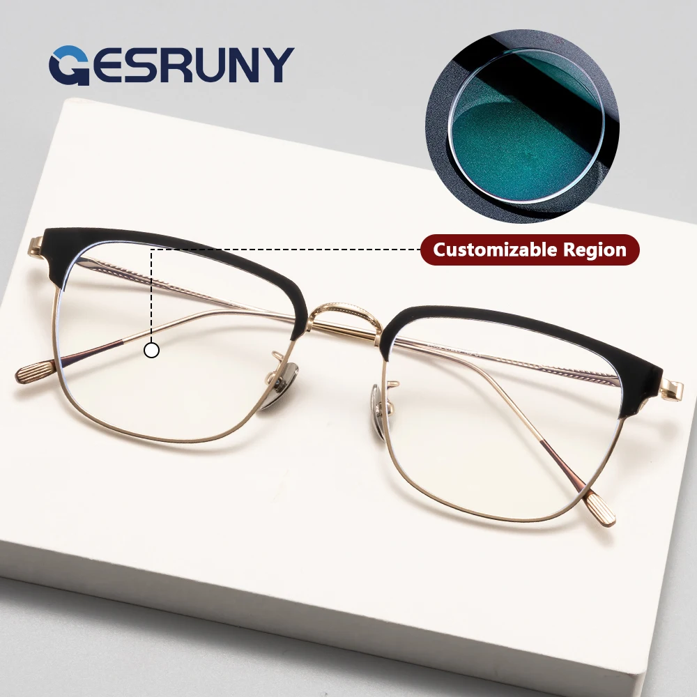

Gesruny Half Frame Prescription Glasses Titanium Retro Square Metal Men Optical Eyewear Myopia Glasses Anti Blue Light Lenses