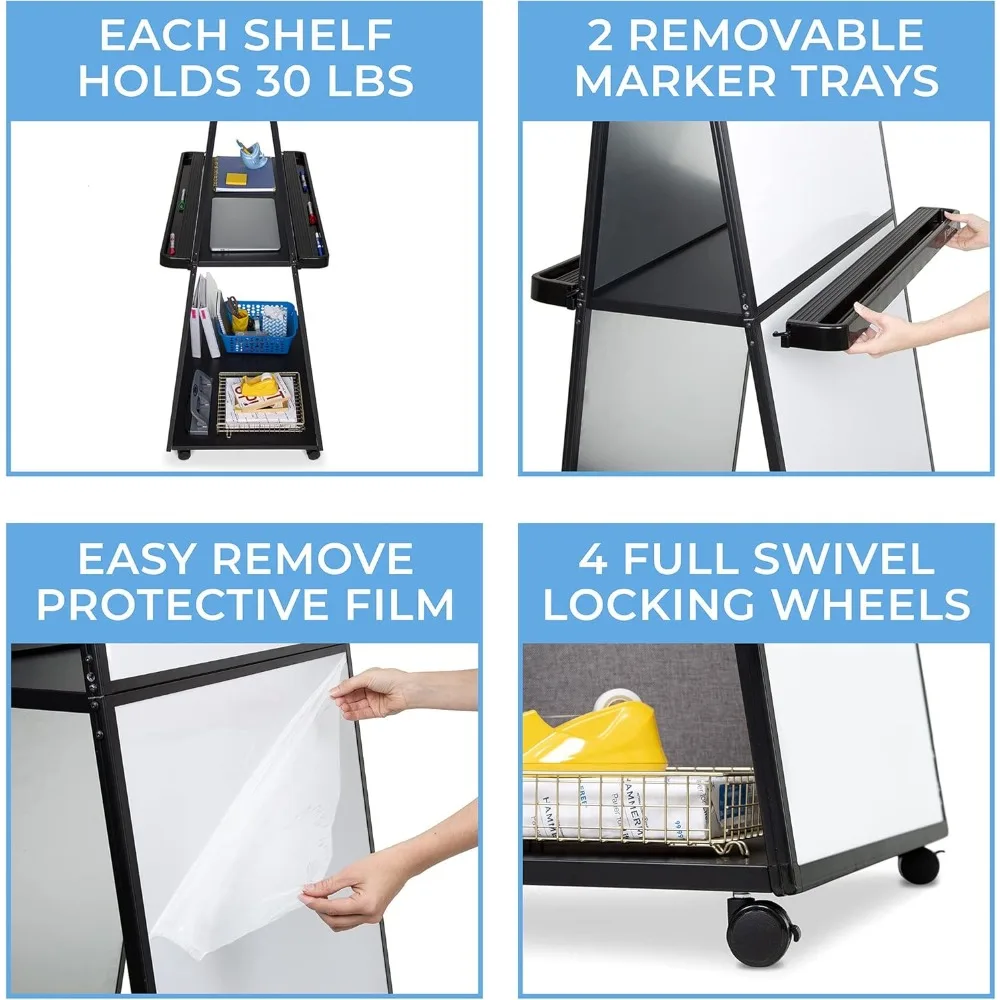 سبورة بيضاء متنقلة بطول 74 بوصة مع سطح مسح جاف مغناطيسي مزدوج الجوانب للاستخدام المكتبي والمدرسة