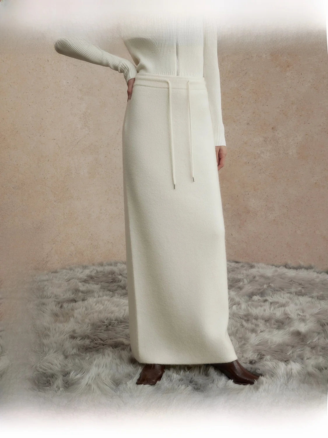 

ZhiZhi Gold Ring Knitted Long Half Skirt Women's Loose Fit Elegant Casual Winter Grey High Waist Straight Cut Midi Skirt