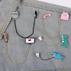 Tassel Enamel Pins Dinosaur Shark Bird Animal Love Letter Vintage Phone Collar Decor Lapel Pin Brooch Men Women Jewelry Gifts