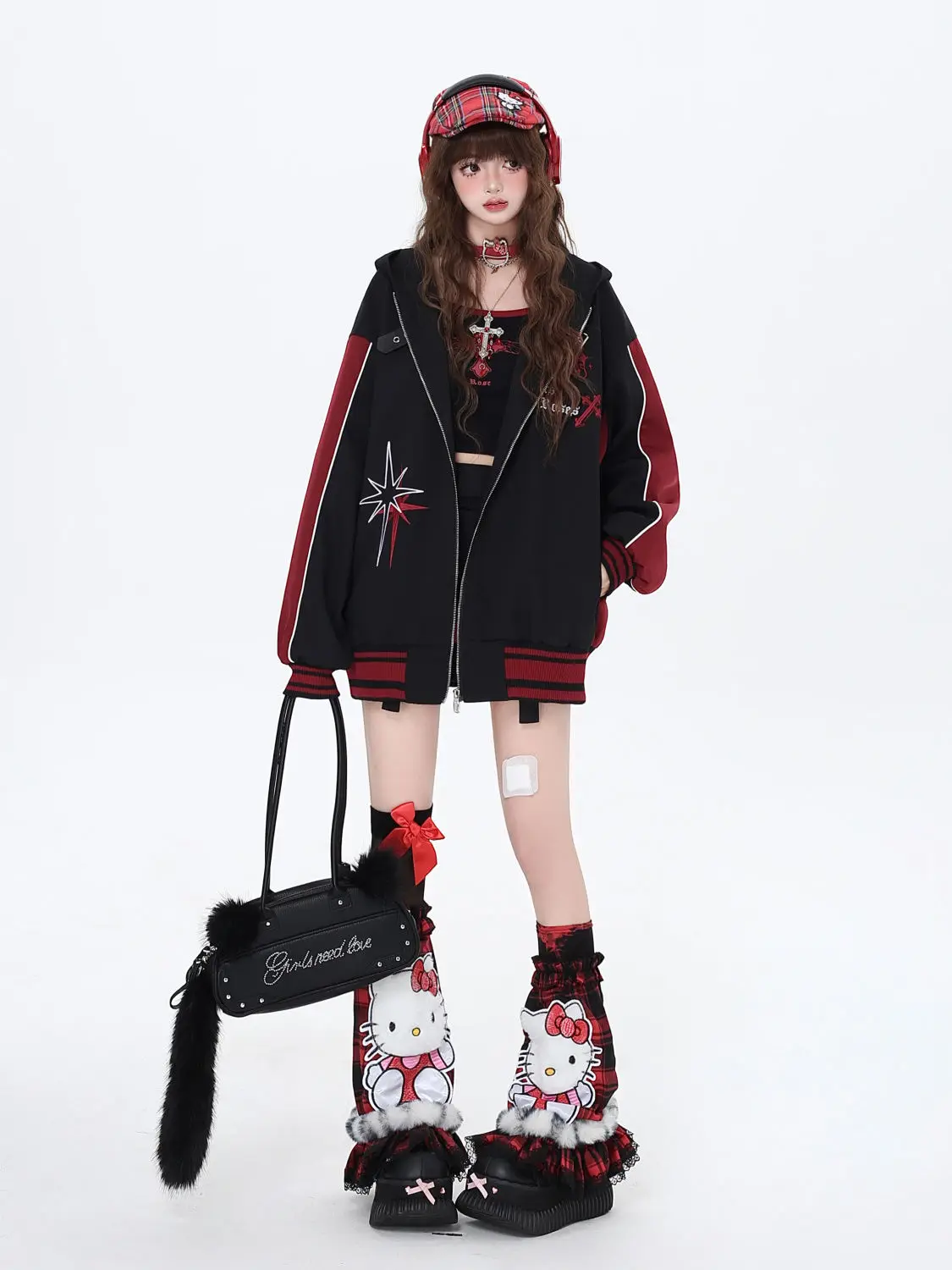Gothic Aesthetic Streetwear Women Baseball Jacket Y2k Cat-Ear Black-Red Hooded Autumn Versatile Print Coat Bomber Jacket Women