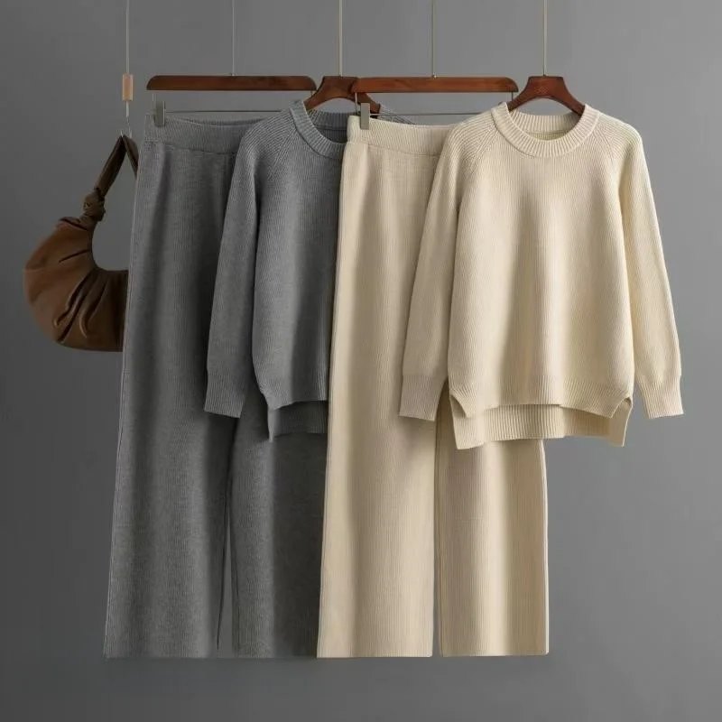 

Thiened Loose Knitted Sweater And Pants Set Long Sve round Ne Two-Piece Set for Women Faionable Autumn Outfit