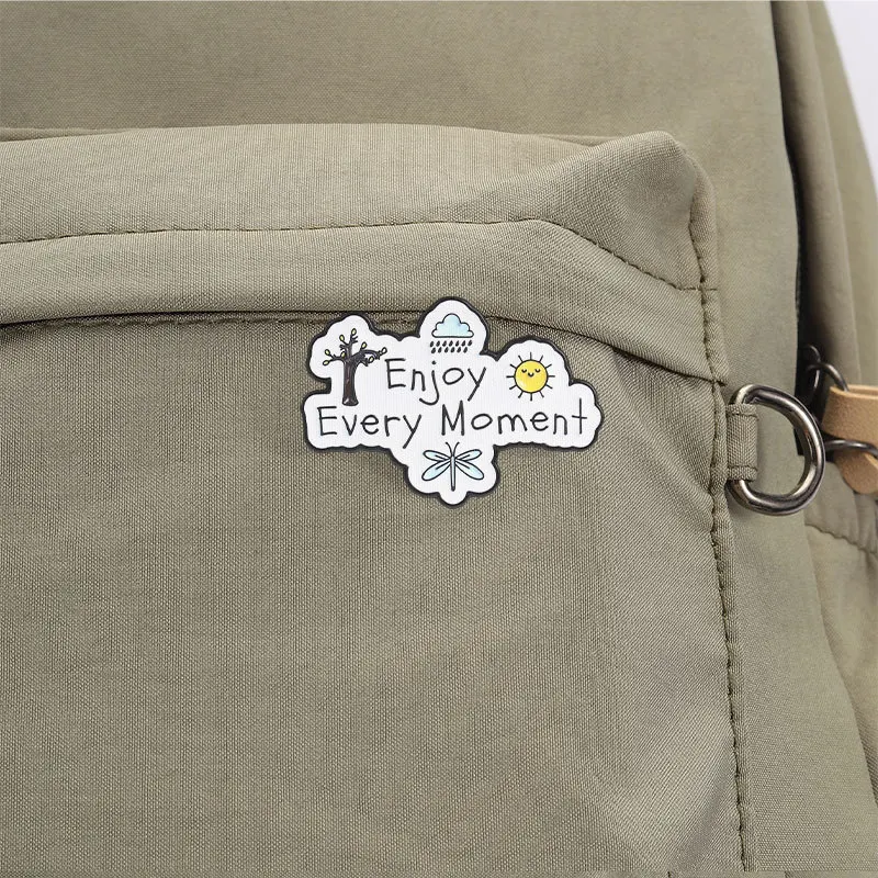 Enjoy Every Moment English Letter Pins Brooch Cartoon Tree Sun Cloud Sunflower Enamel Lapel Pin Ornament Accessory Gift For Frie