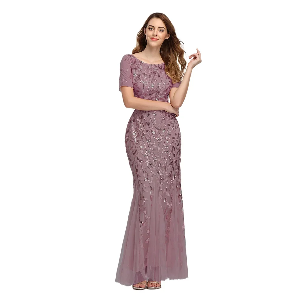 

Gorgeous Round Neck Short Sleeves Sequined Mermaid Evening Dress