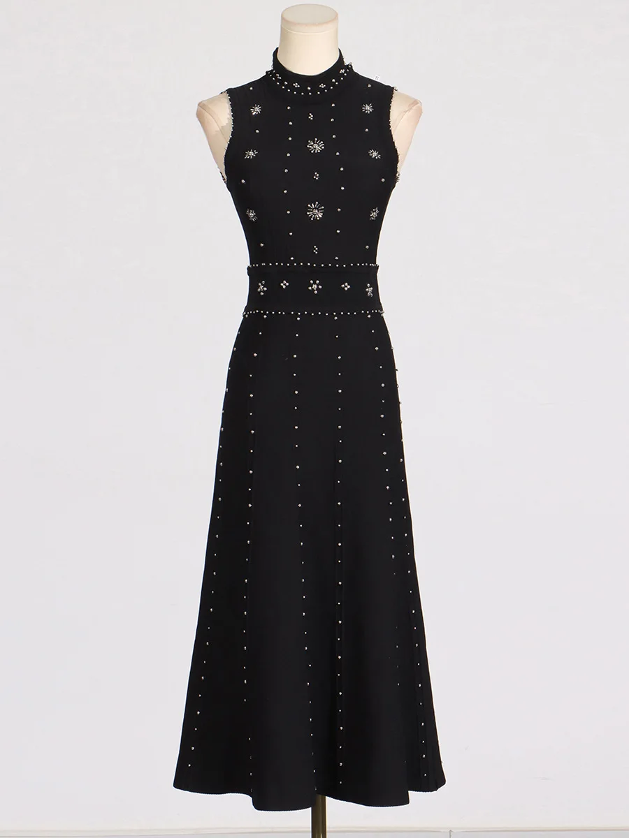 

2025 Solid Patchwork Diamonds Designer Dresses For Women Round Neck Sleeveless High Waist Slimming Dress Female Fashion