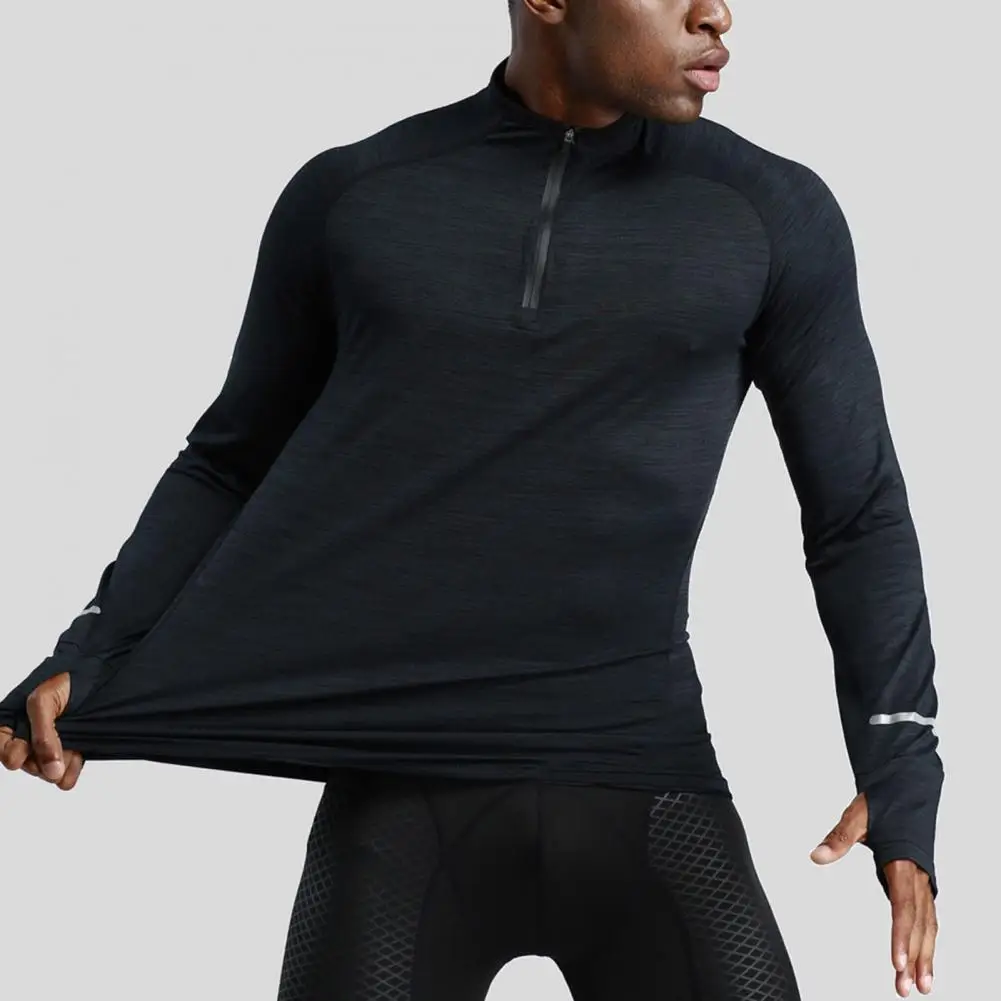 Mens Sports T-Shirt Sportswear Long Sleeve Running Gym Compression Shirt Half-zip Pullover Top Stand-up Collar Men Workout Tee