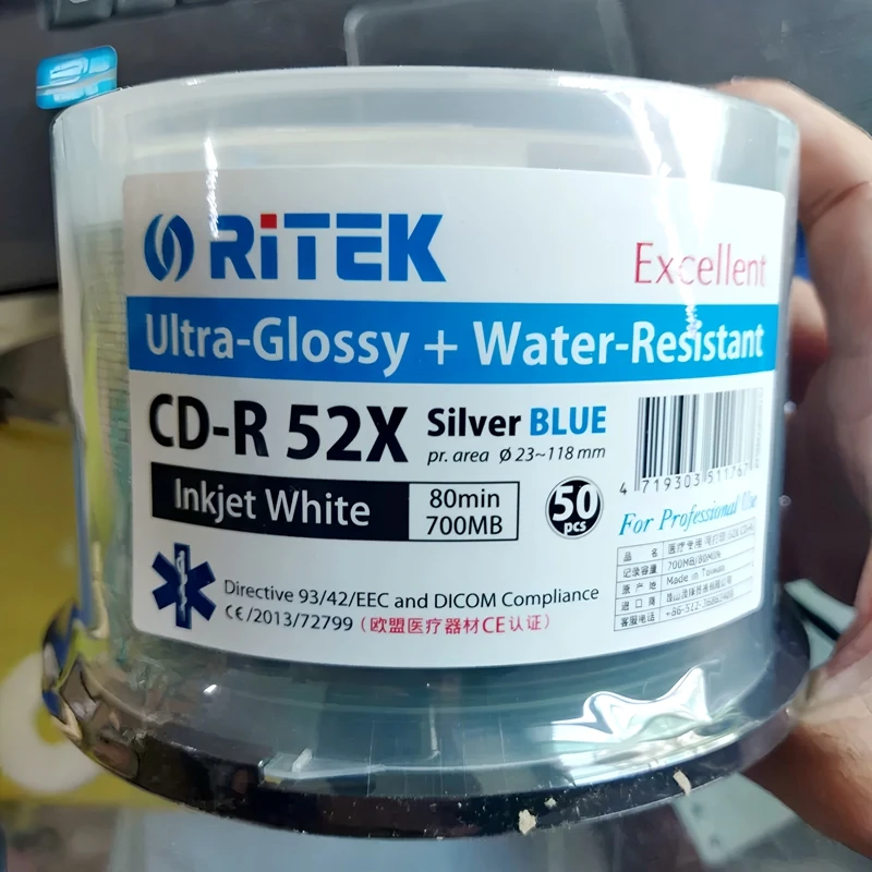 50PCS Ritek Inkjet Printable CD-R Blank Discs Medical Level Water-resistant 700MB 80min 52x Speed Recordable CDs Audio & Data