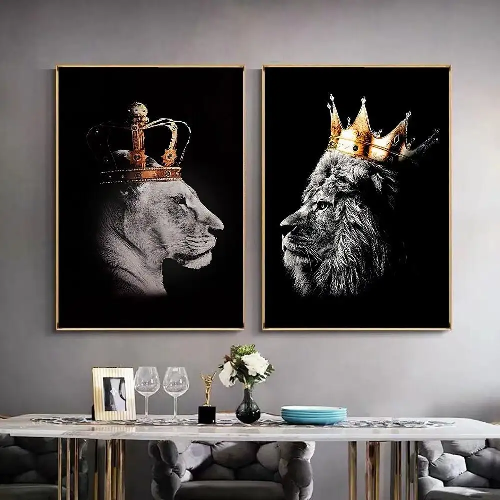 2pcs Lion Couple Wall Decals, Black Lion & Lioness With Crowns Canvas Painting Posters Wall Art Decor, For Home Bedroom Living R