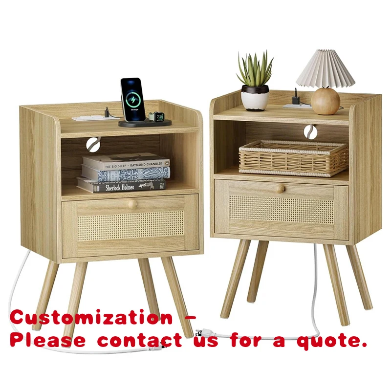 custom.Hot Selling Modern Design Wood Nightstand Bedroom Furniture with Charging Station Drawer and Quality Wood Feet Living