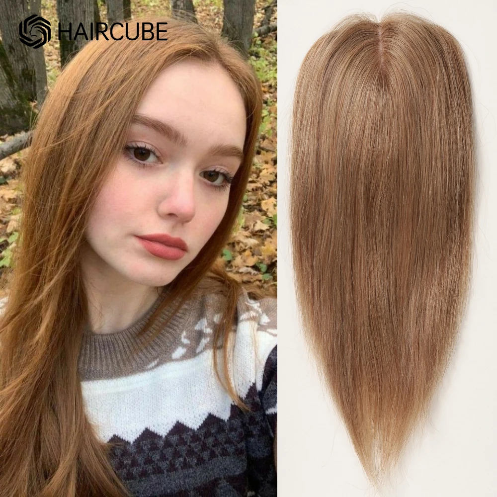 Women Hair Toppers Light Copper Brown Human Hair Toppers for Women with with Thinning Hair Loss Cover Silk Base Clip In Topper