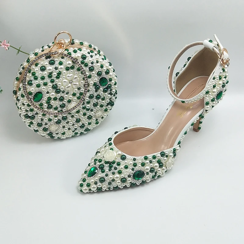 2024 New Arrival Green pearl Pointed Toe Female Party shoe and Purse wedding shoes woman Fashion Thin Heel Shallow High Pumps