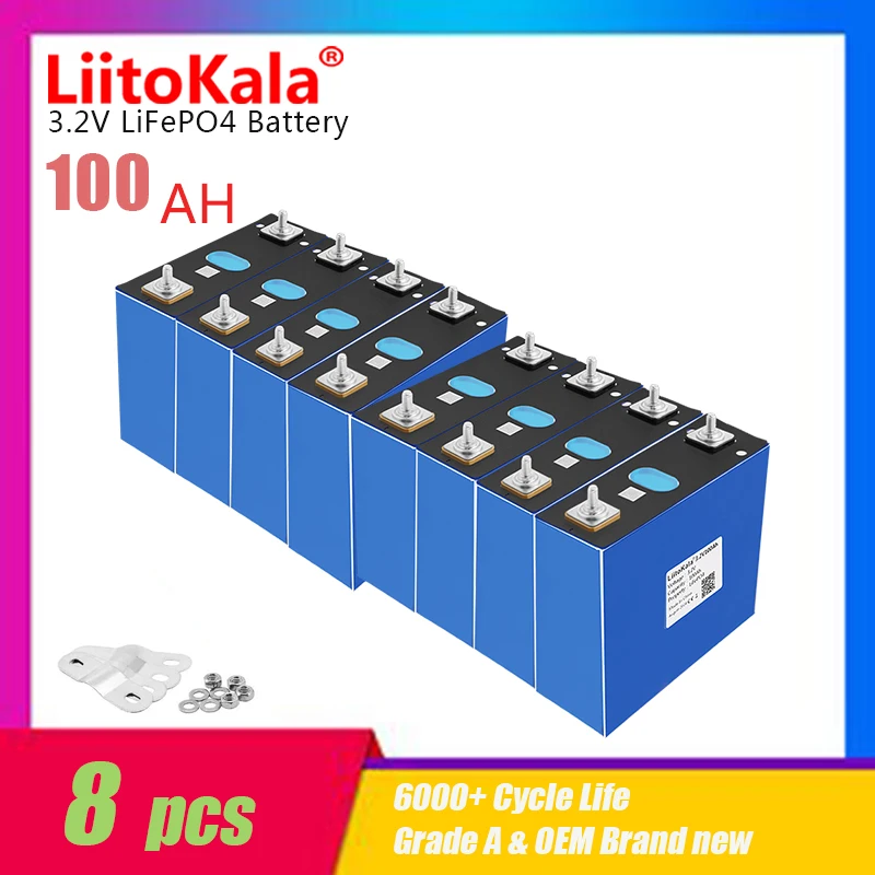 8pcs Liitokala Lifepo4 Lithium Iron Phosphate 3.2V 100Ah Cells DIY 12v 24v Grade A Rechargeable Battery Pack For Golf Cart Solar