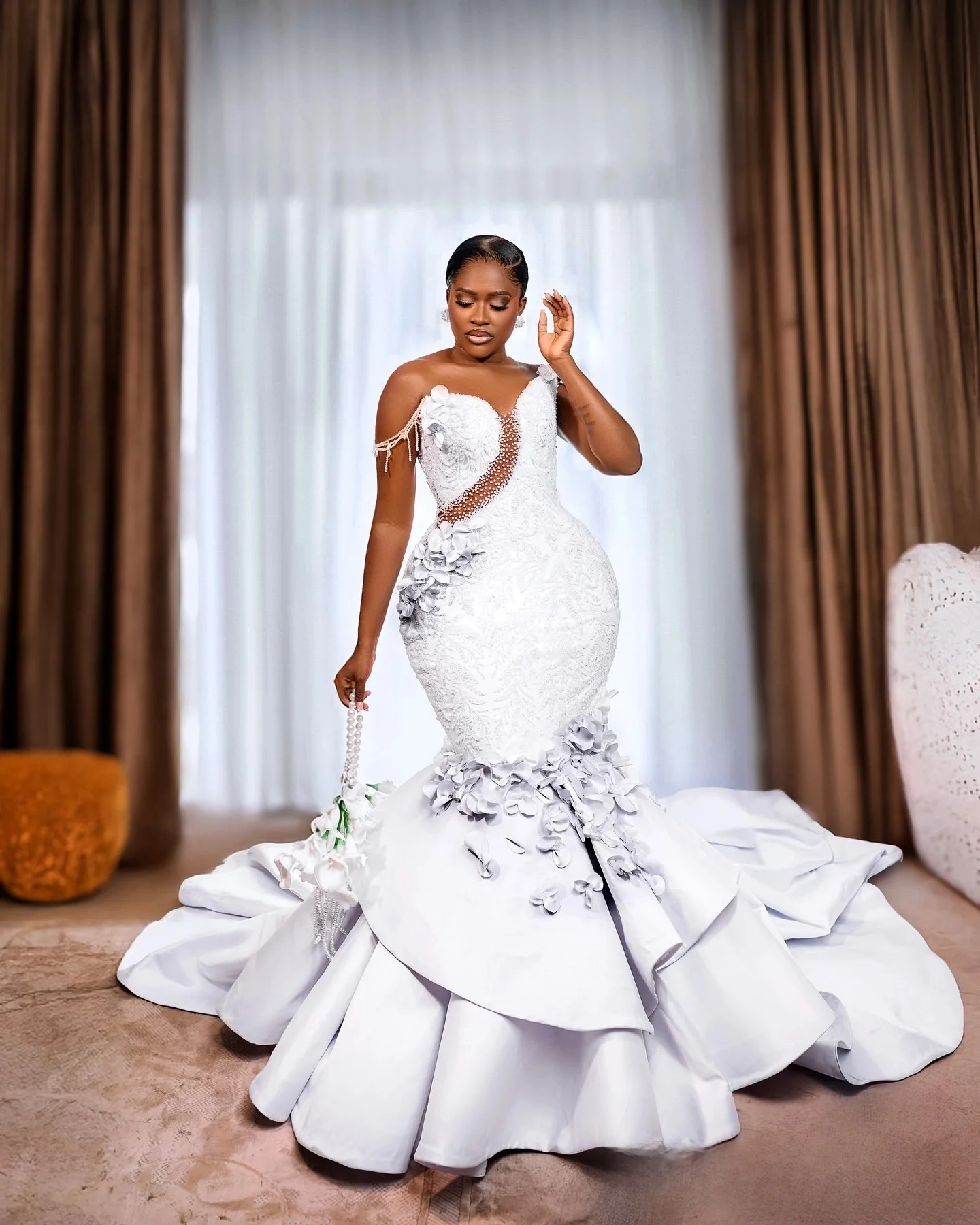 تخصيص قبالة الكتف تسلق الترتر الخرز فستان الزفاف الفاخرة Vestidos Noivas حجم كبير الزهور الصناعية فستان زفاف #1