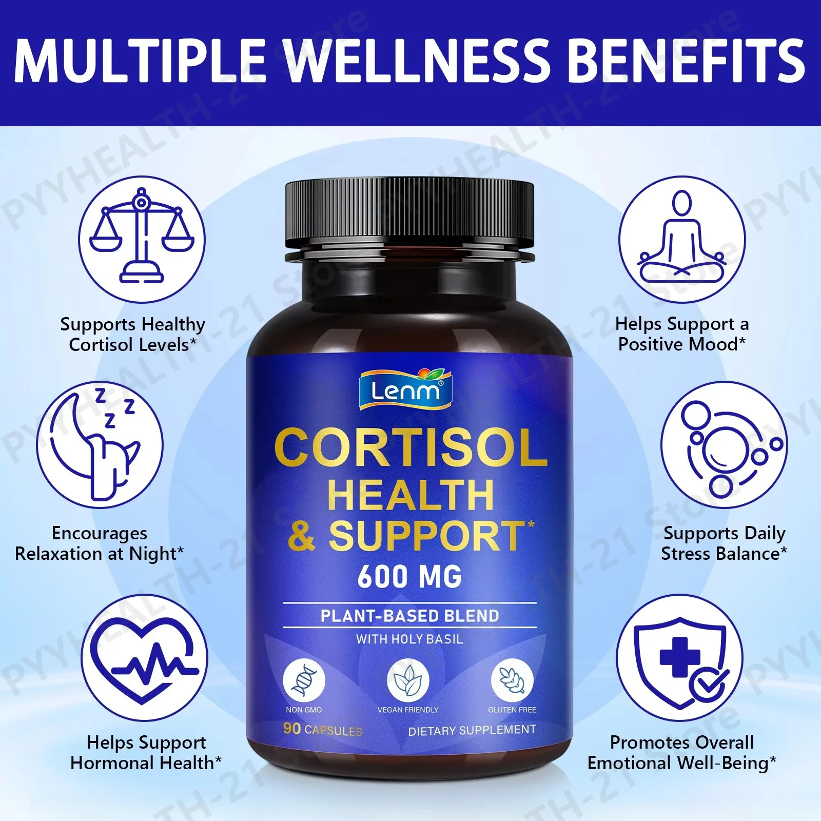 Cortisol Health Capsules Promote Cortisol Balance & Night Relaxation & Positive Mood Holy Basil 90 Caps for Better Sleep Quality