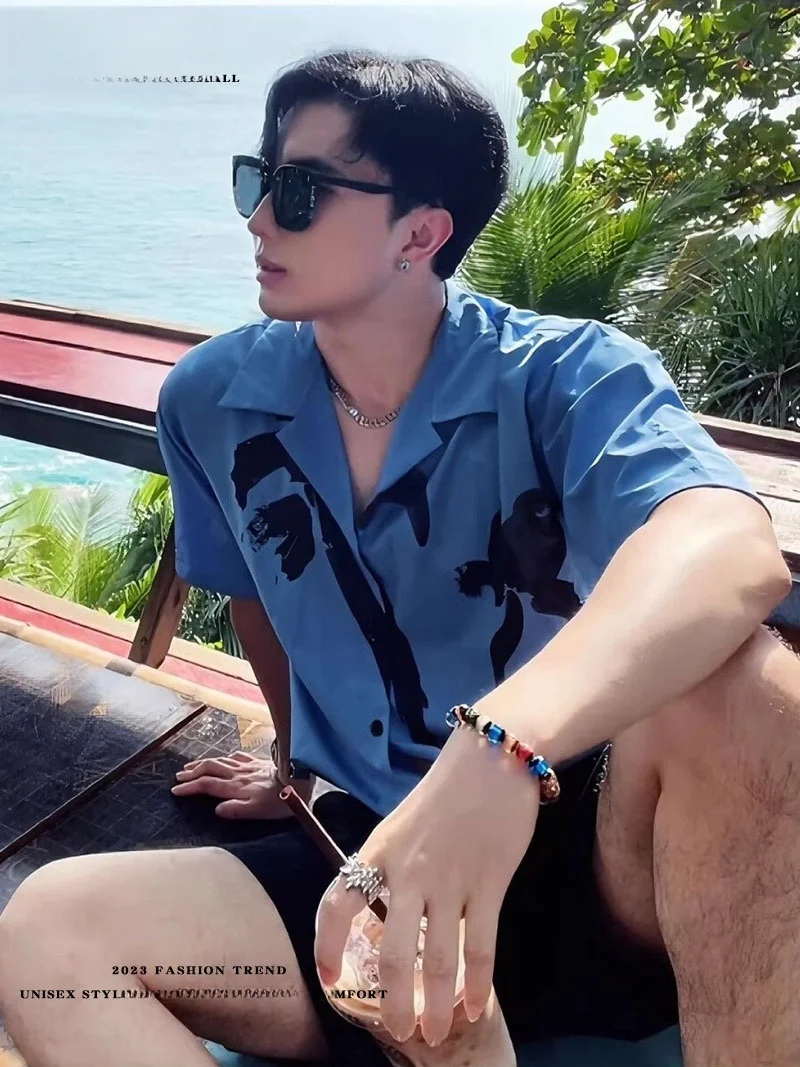 Cuban Collar Print Shirt Men's Summer Short Sleeve Loose Fit Casual Style Polyester Fiber Cool Sensation Thin Model No Brand