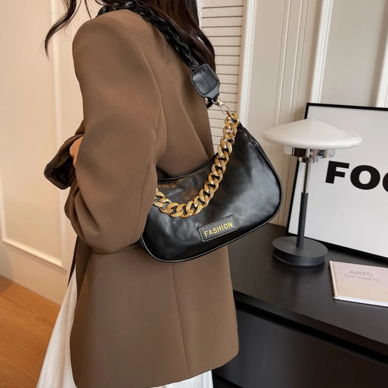 Y2K Hobo Shoulder Bag with Gold Chain Decor, Adjustable Shoulder Strap, Soft  Handbag, Daily Shopping Casual Underarm Purse