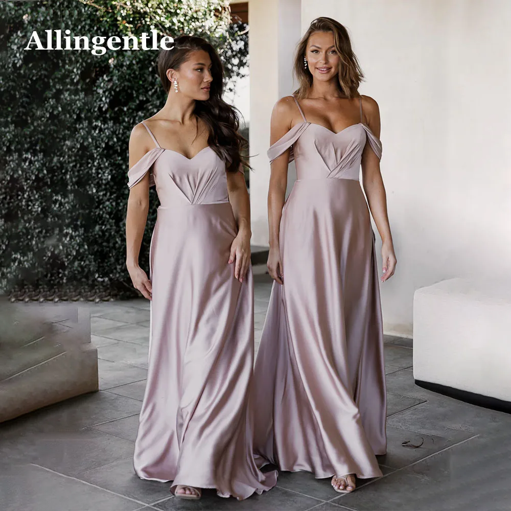 

Allingentle Satin Bridesmaid Dress For Woman Off Shoulder Beach Boho V-Neck A-Line Evening Formal Gown Elegant Vestidos de Gala