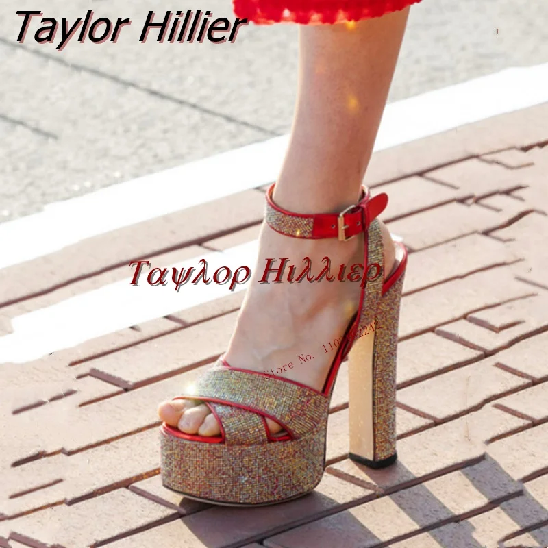 

Summer Shiny Open Toe High Heels Round Toe Chunky Heel Buckle Strap Dress Sandals Sexy Fashion Color Block Plus Size Runway Shoe