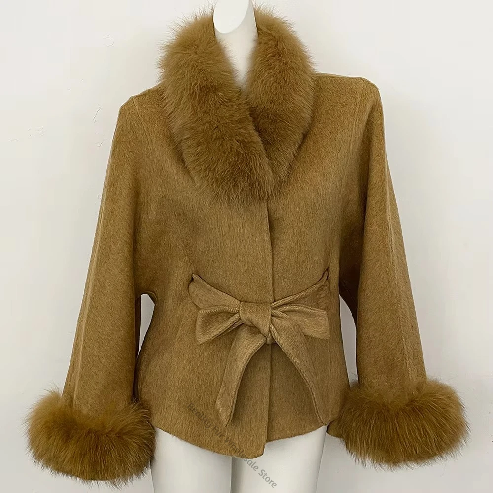 Wool Coat Woman Luxury High Quality with Fur Collar New Winter Women's Short Coat Women Luxury Down Jacket Belted Waist Fashion