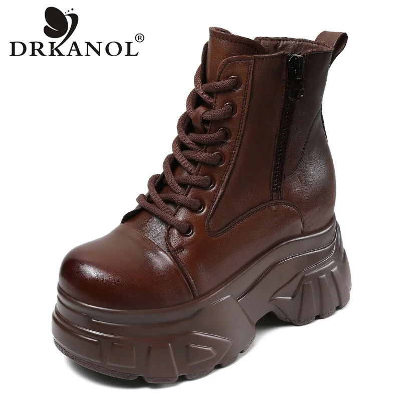 DRKANOL Autumn Winter Warm Boots Women Handmade Retro Genuine Leather Platform Thick High Heel Height Increasing Ankle Boots