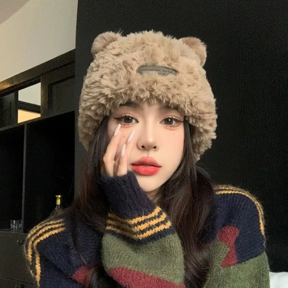 

Fashion Autumn Winter Women Beanies Caps Warm Cute Bear Ear Hat Casual Couple Knitted Plush Soft Warm Bucket Hats Present