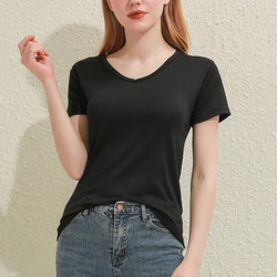 2025 Short T-Shirts Summer Women's Short Sleeve Round Neck Casual Blouse Shirts Solid Color Tops  Black / White