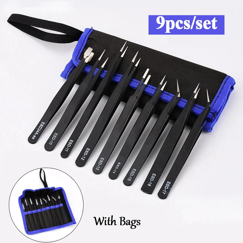 9pcs/Set Industry Tweezers With Bags Anti-static ESD Stainless Steel Tweezers Maintenance Industry Electronics Precision Tweezer