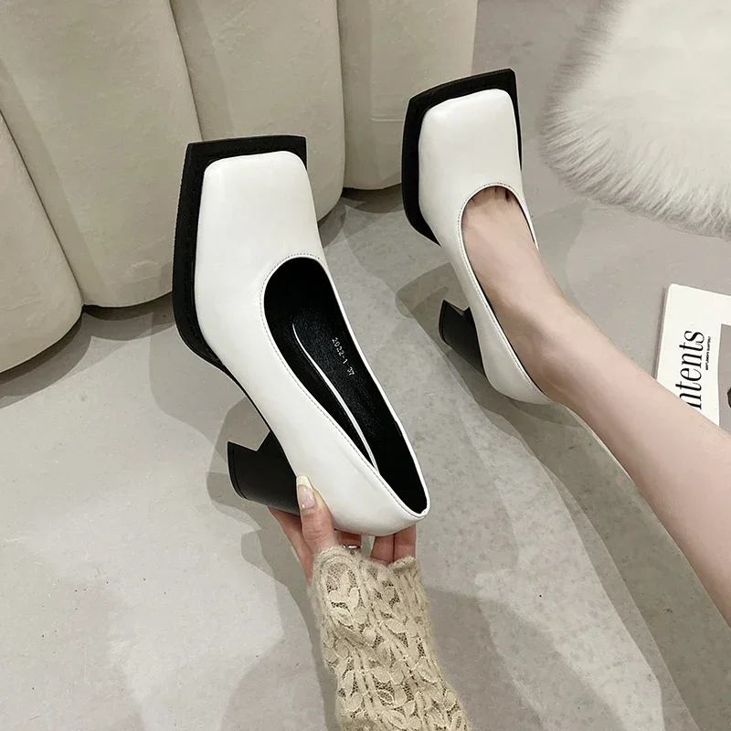 2024 Spring Autumn Real Leather Mary Janes Shoes Women\'s Retro Big Square Toe Shallow Pumps Ladys Lolita Shoe